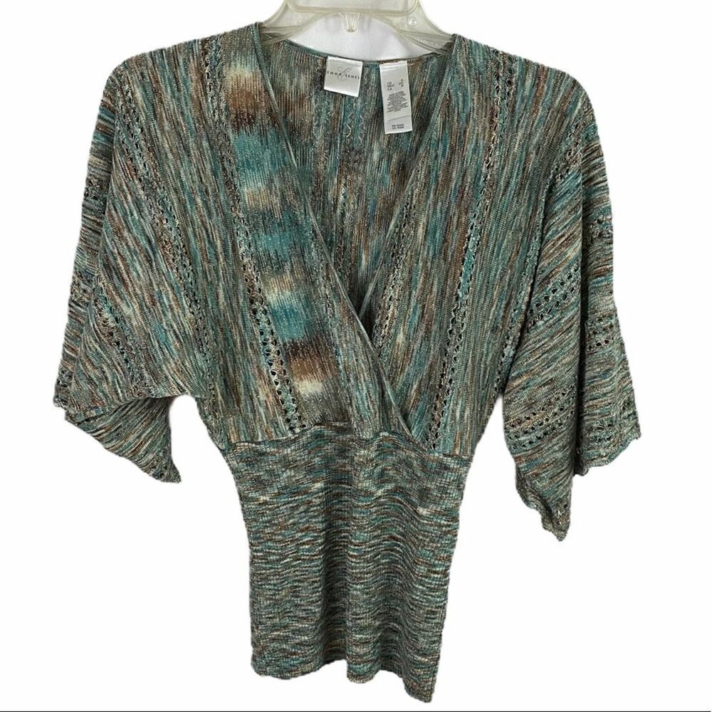 Emma E James Metallic Multi Color Knitted Winged Sleeve Sweater Size Small